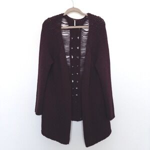 Free People Womens Cardigan Size S Burgundy Heavy‎ Knit Open Front  Boho Grunge